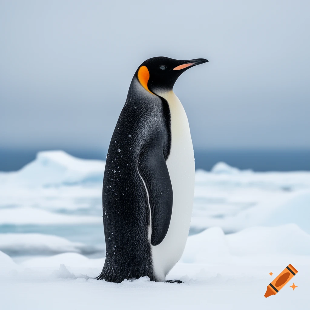 A photorealistic emperor penguin stands on a snowy landscape with icebergs in the background under a cloudy sky.