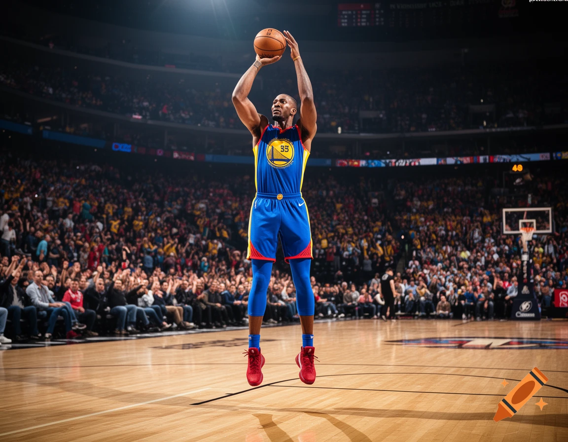 A basketball player in a blue and gold uniform jumps to shoot a basketball in a crowded arena.