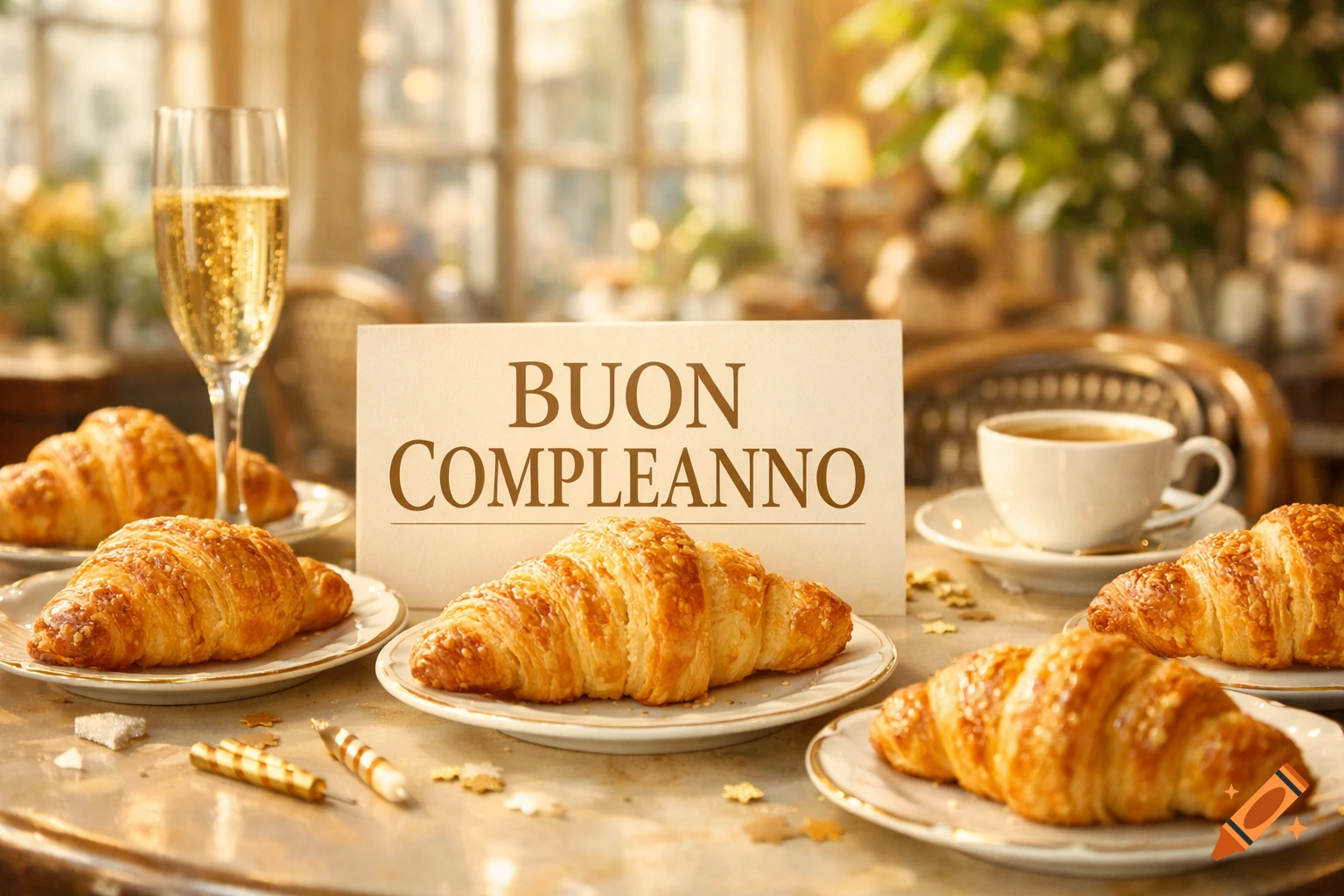 Photorealistic image of a celebratory breakfast with croissants, champagne, and a 'BUON COMPLEANNO' sign on a table in a cafe.