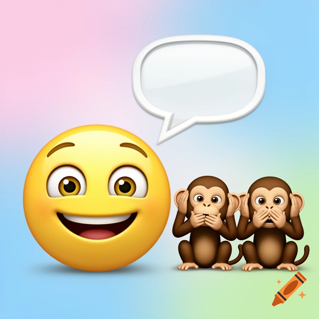 A smiling yellow emoji next to an empty speech bubble and two brown monkey emojis covering their mouths, on a colorful gradient background.