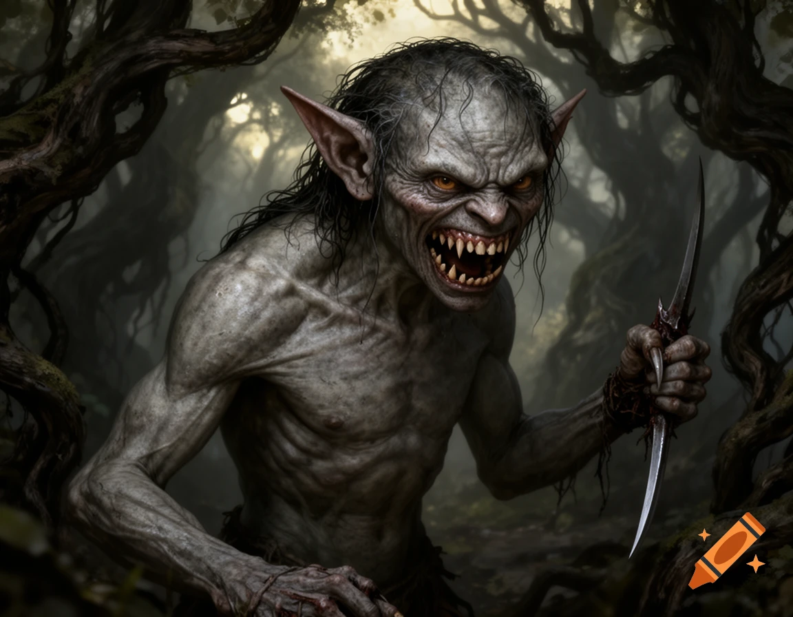 A terrifying, grey-skinned goblin with sharp teeth and long, pointed ears, holding a jagged blade in a dark, gnarled forest.