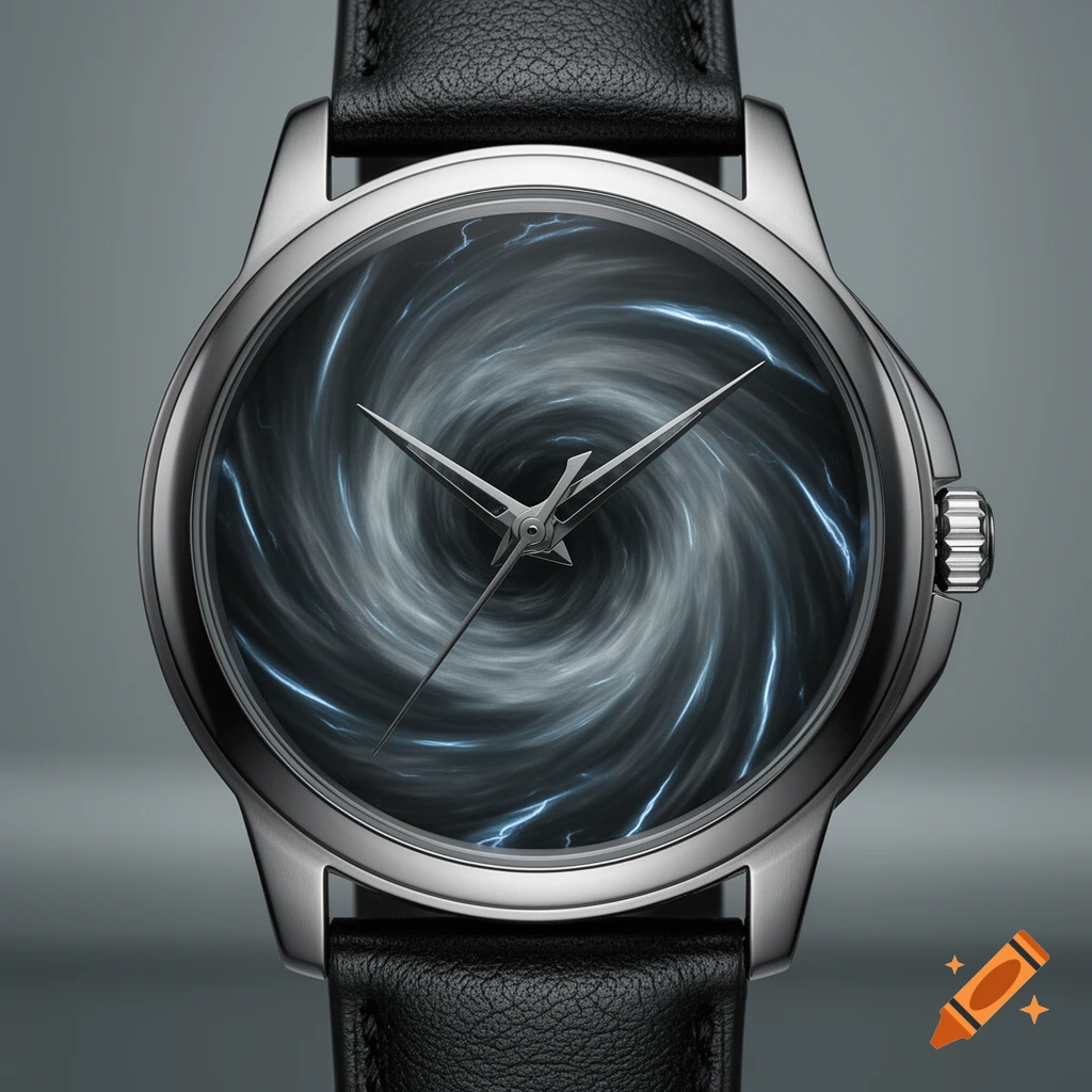 A close-up of a silver wristwatch with a black leather band, featuring a mesmerizing gray and blue swirling tornado design on its face.