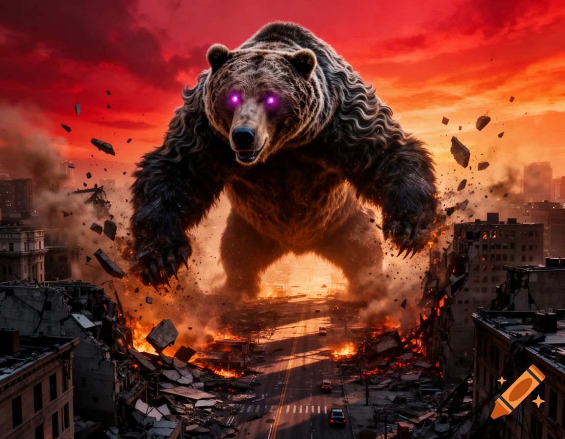 A giant bear with glowing purple eyes destroys a city under a dramatic red and orange sky, photorealistic style.