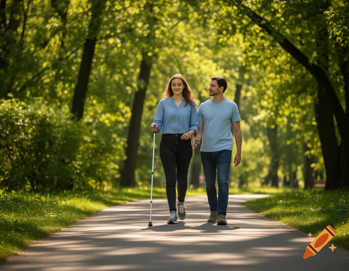 A young woman with a white cane walks confidently with a male companion on a sunny park path surrounded by green trees.