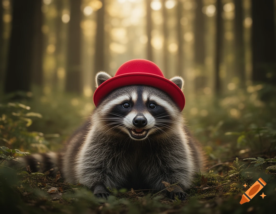 A smiling raccoon wearing a red hat sits in a forest. on Craiyon