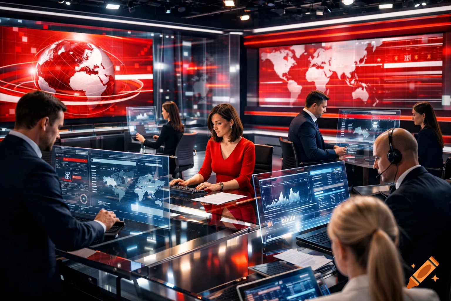 Professional journalists work in a high-tech modern newsroom with holographic data screens and large red news graphics on the walls.
