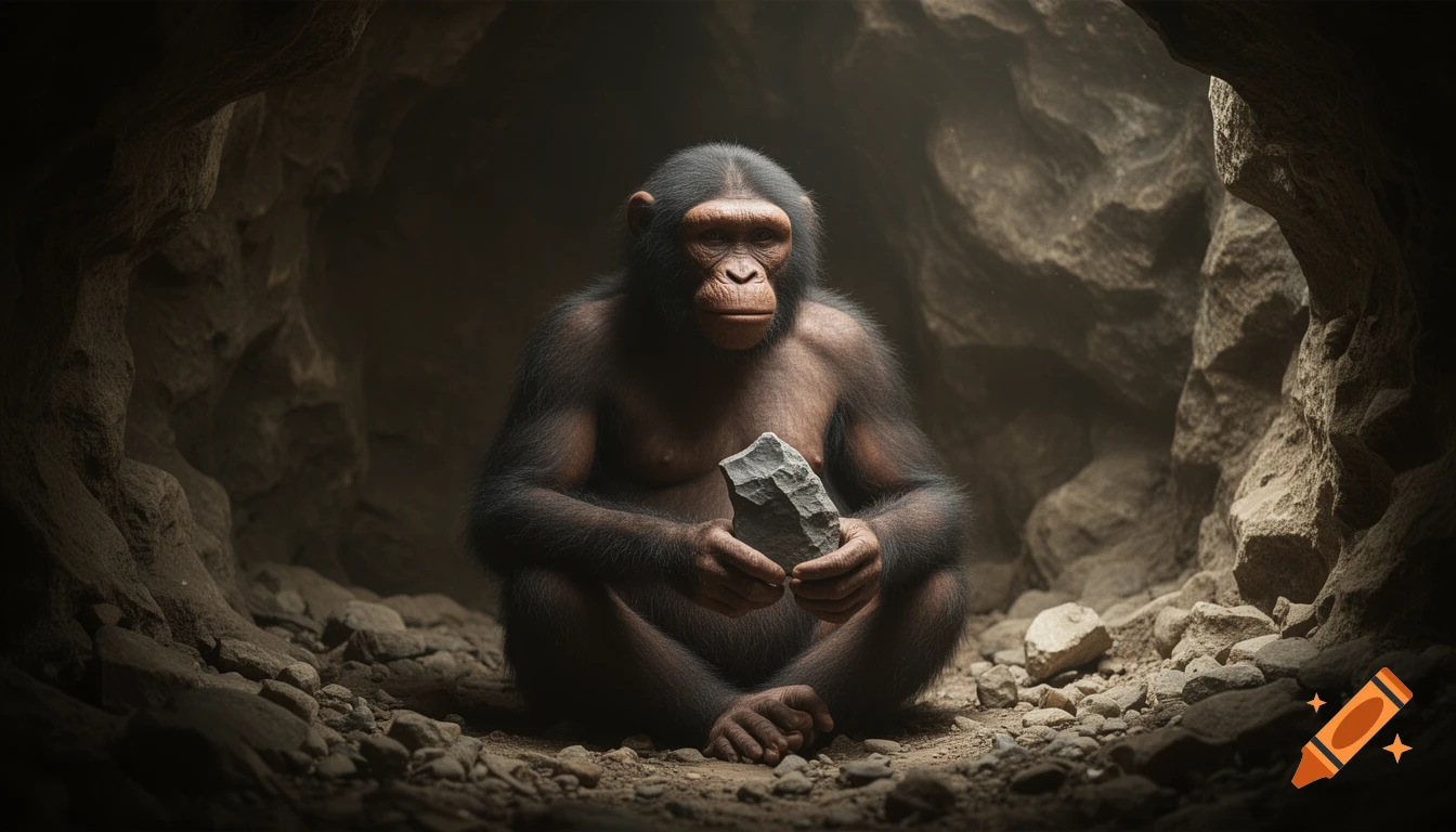 A photorealistic Australopithecus with ape-like features sits in a dimly lit cave, holding a primitive stone tool.