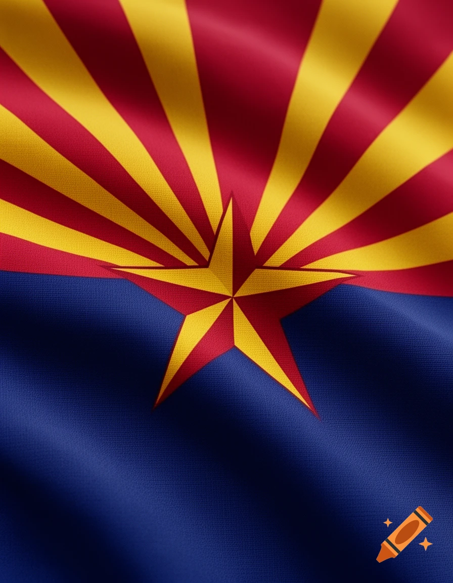 The Arizona state flag depicted with a fabric texture, showing the copper star, red and gold rays, and blue bottom field.