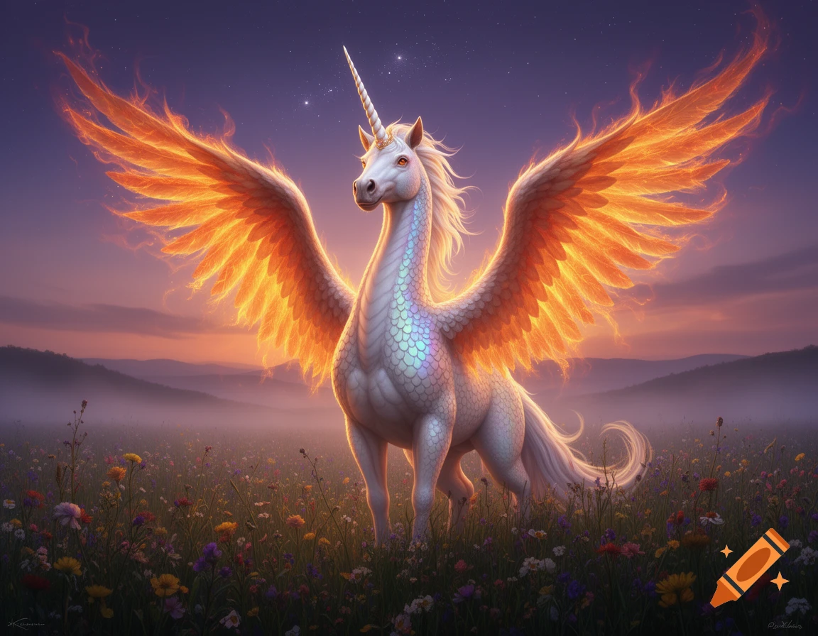 A majestic white unicorn-dragon-phoenix hybrid with glowing fiery wings stands in a field of colorful wildflowers at sunset.