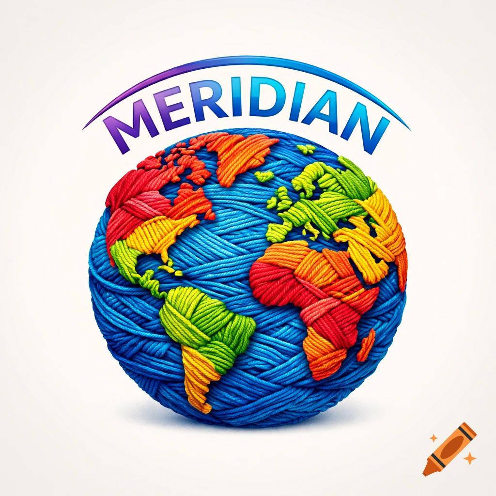 Logo of a globe made of colorful yarn, with the word MERIDIAN curved above it.