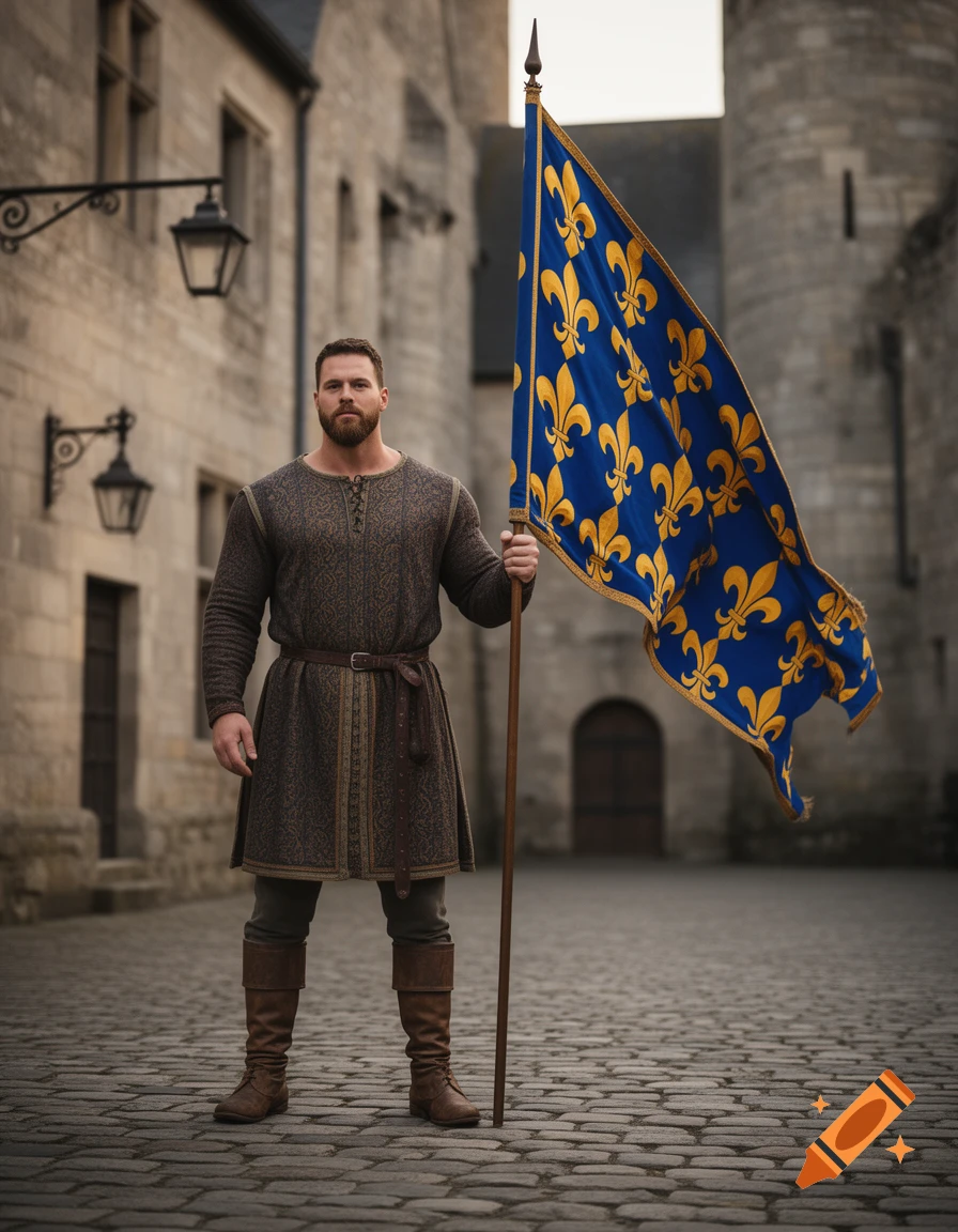 A man in medieval attire stands in a stone courtyard, holding a large blue flag adorned with gold fleur-de-lis symbols.