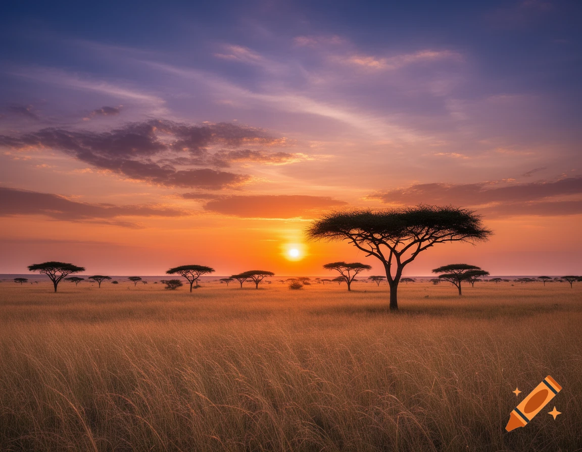 A vibrant sunset over an African savanna, featuring silhouetted acacia trees against an orange and purple sky.