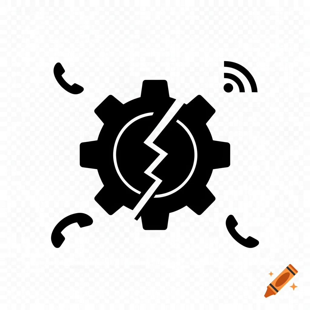 A black minimal flat vector icon of a broken gear surrounded by three phone call symbols and a Wi-Fi signal icon on a transparent background.