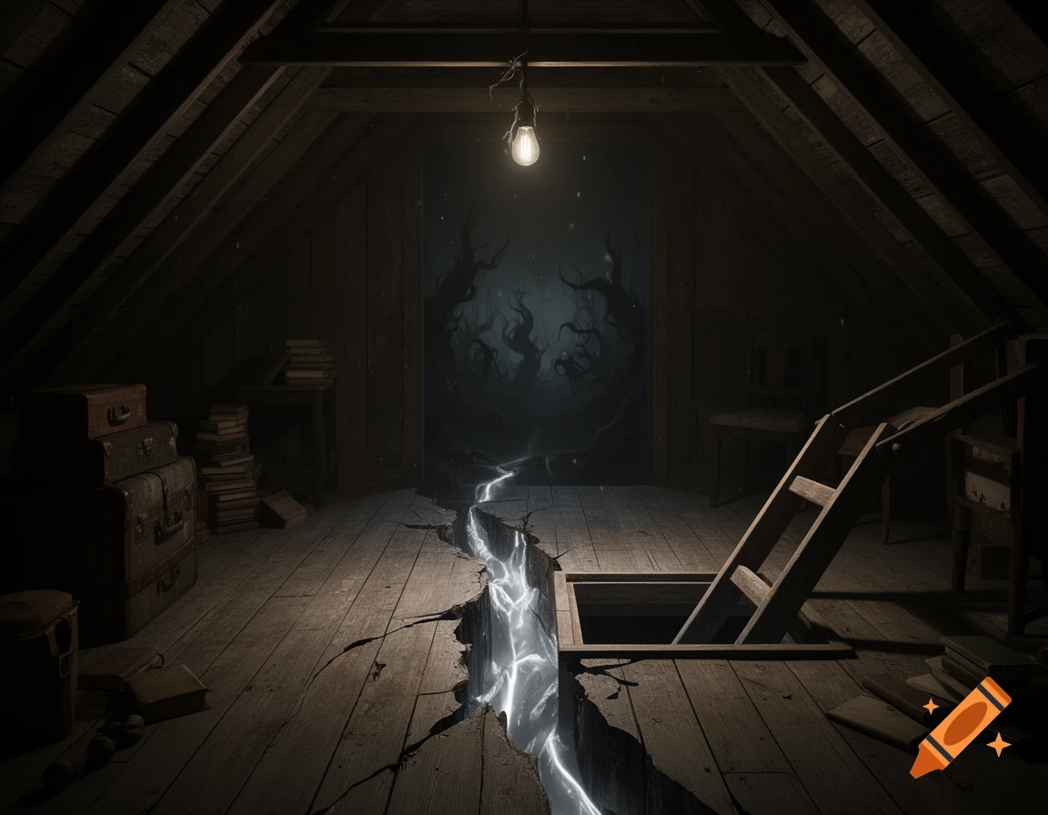 A dark attic with a glowing crack in the wooden floor revealing an eerie, shadowy otherworld below. Old trunks and books are scattered around, and a ladder descends through an open hatch.