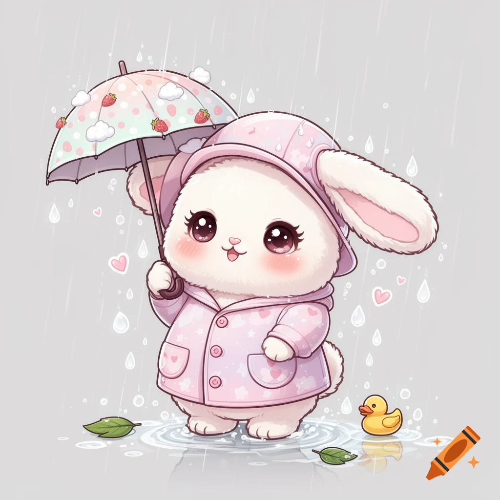 A cute kawaii cartoon bunny in a pink raincoat and hat stands in the rain, holding a strawberry-patterned umbrella, with puddles and a rubber duck.