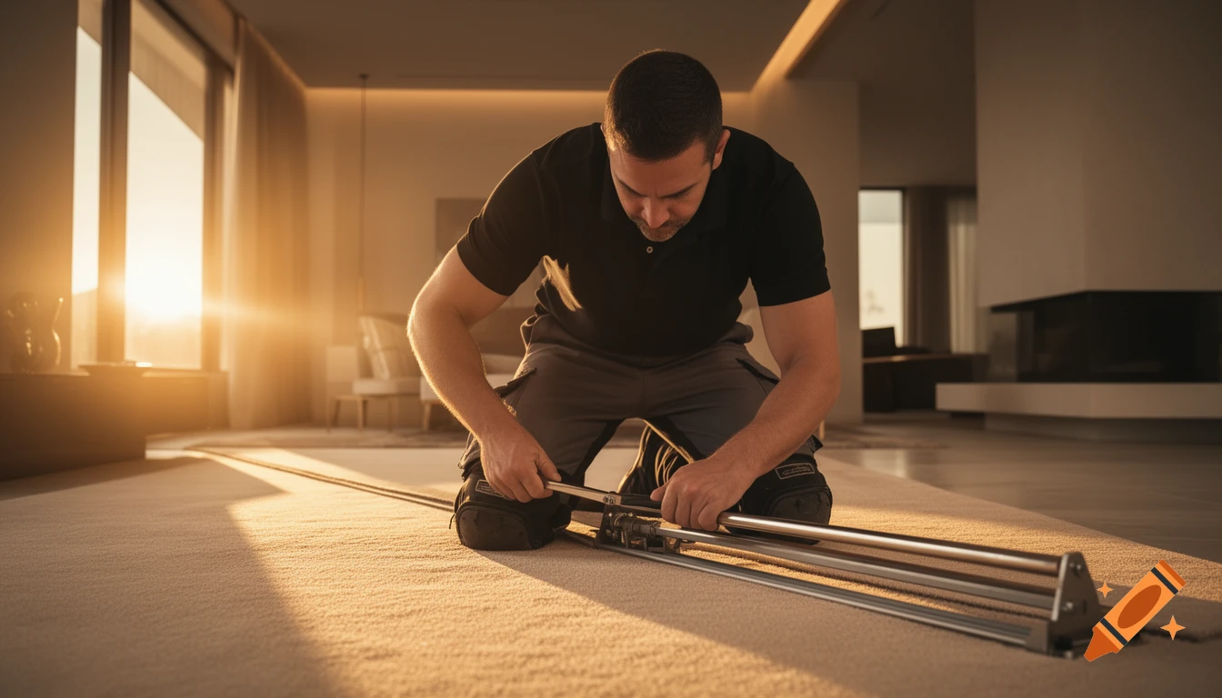 Professional carpet installer at work with tools in a beautiful living room