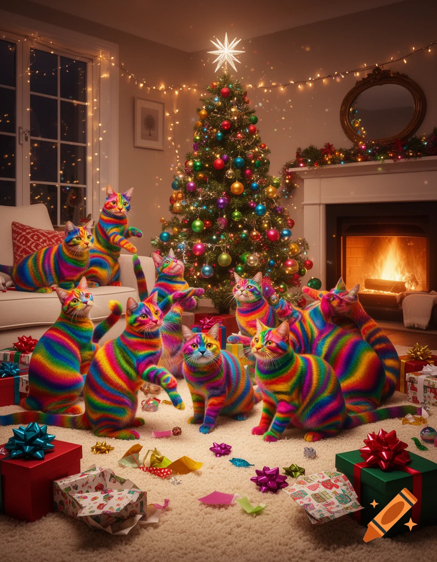 Vibrant rainbow-striped cats play around a brightly lit Christmas tree and fireplace in a festive living room filled with presents.