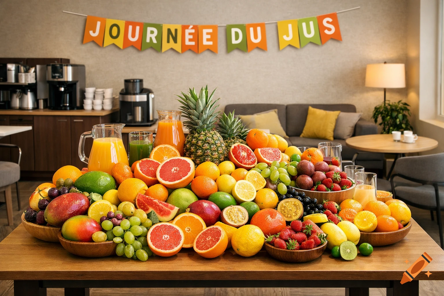 Photorealistic shot of a table covered in various fresh fruits and juices in a breakroom, with a 'JOURN ÉE DU JUS' banner above.