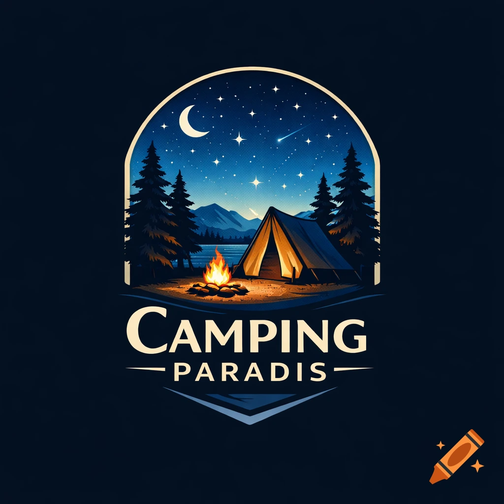 A stylized logo badge depicting a night camping scene with a tent, campfire, pine trees, and a starry sky, with the text CAMPING PARADIS.
