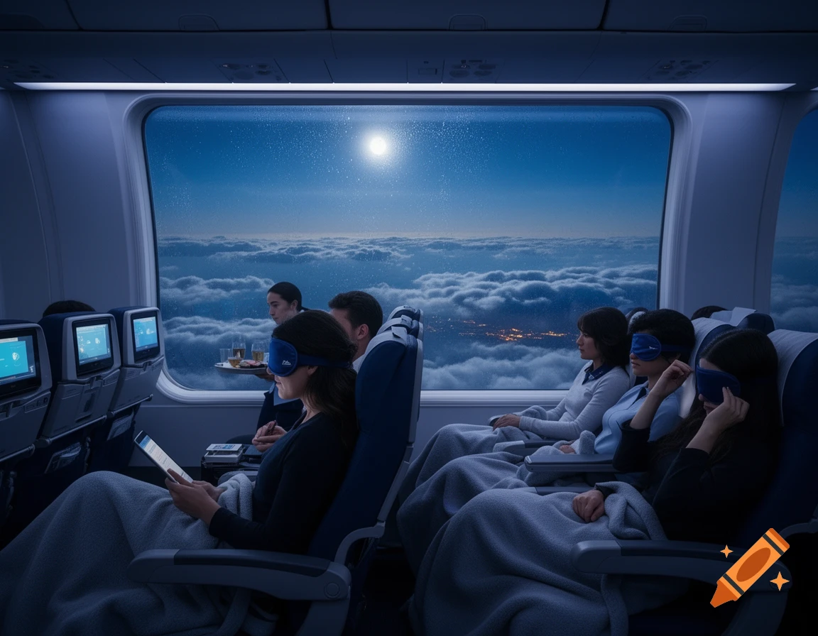 Passengers sleeping and relaxing inside an airplane at night, with a large window showing clouds and a full moon.