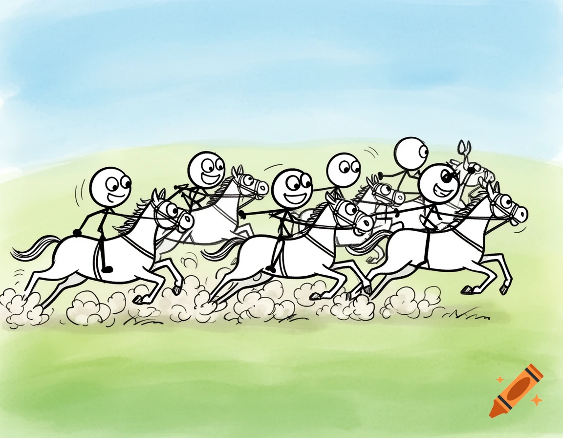 A cartoon illustration of several stick figures happily riding horses across a green field under a blue sky, kicking up dust.