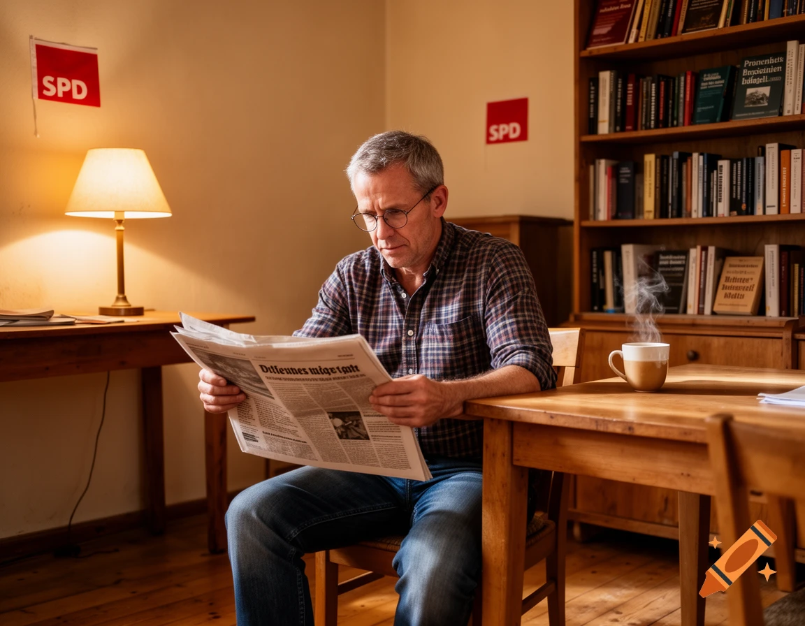 A man in glasses and a plaid shirt reads a newspaper at a wooden table, with an SPD flag and a bookshelf in the background. Photorealistic style.