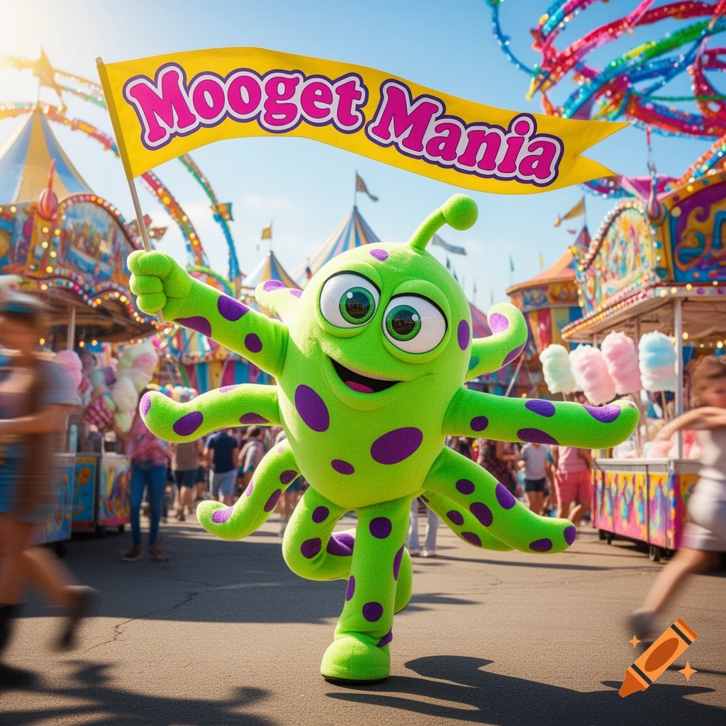 A friendly green, purple-spotted alien mascot with large eyes holds a "Mooget Mania" banner at a sunny outdoor carnival.