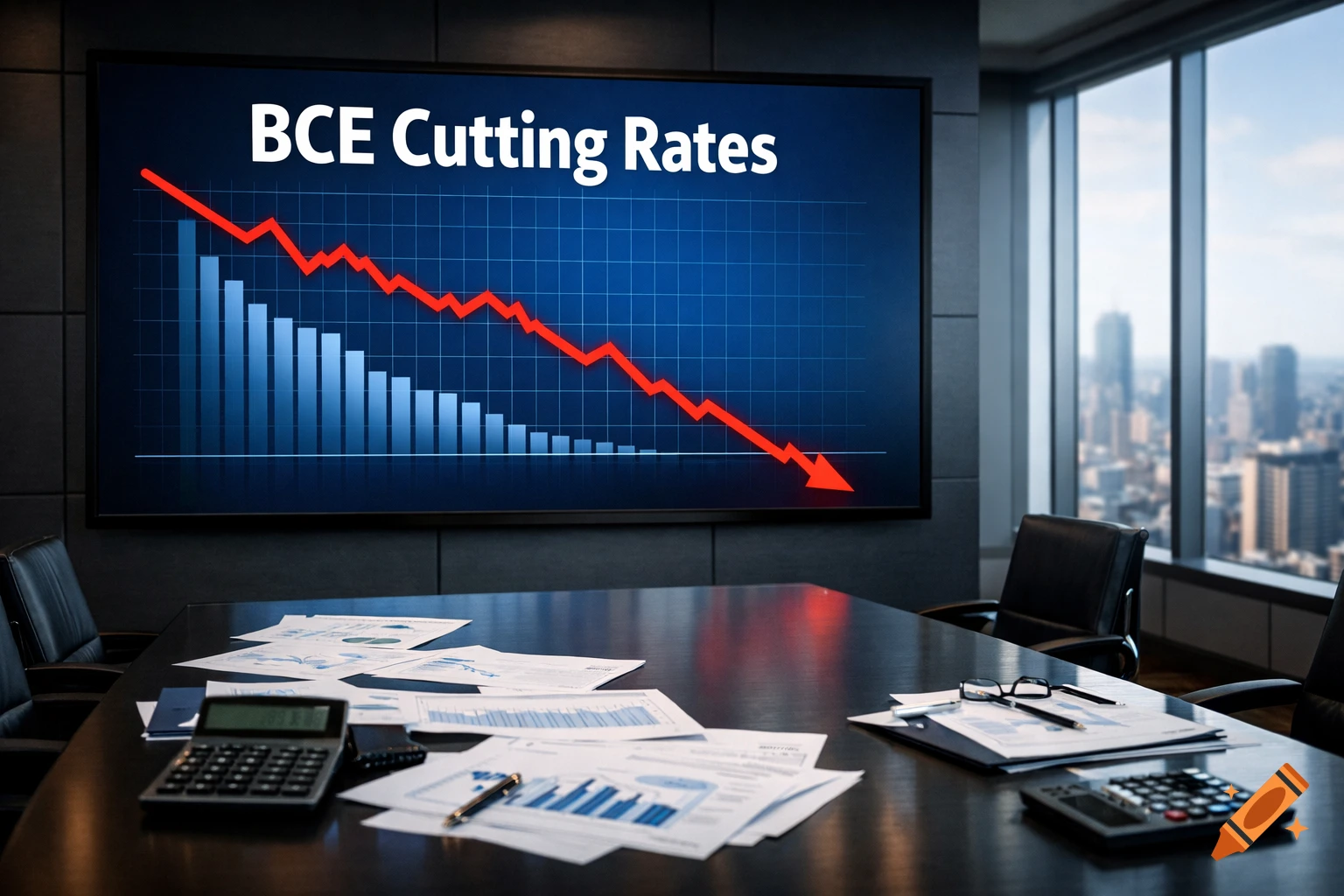 A modern conference room with a screen showing a financial graph titled 'BCE Cutting Rates' with a downward trend, overlooking a city skyline.