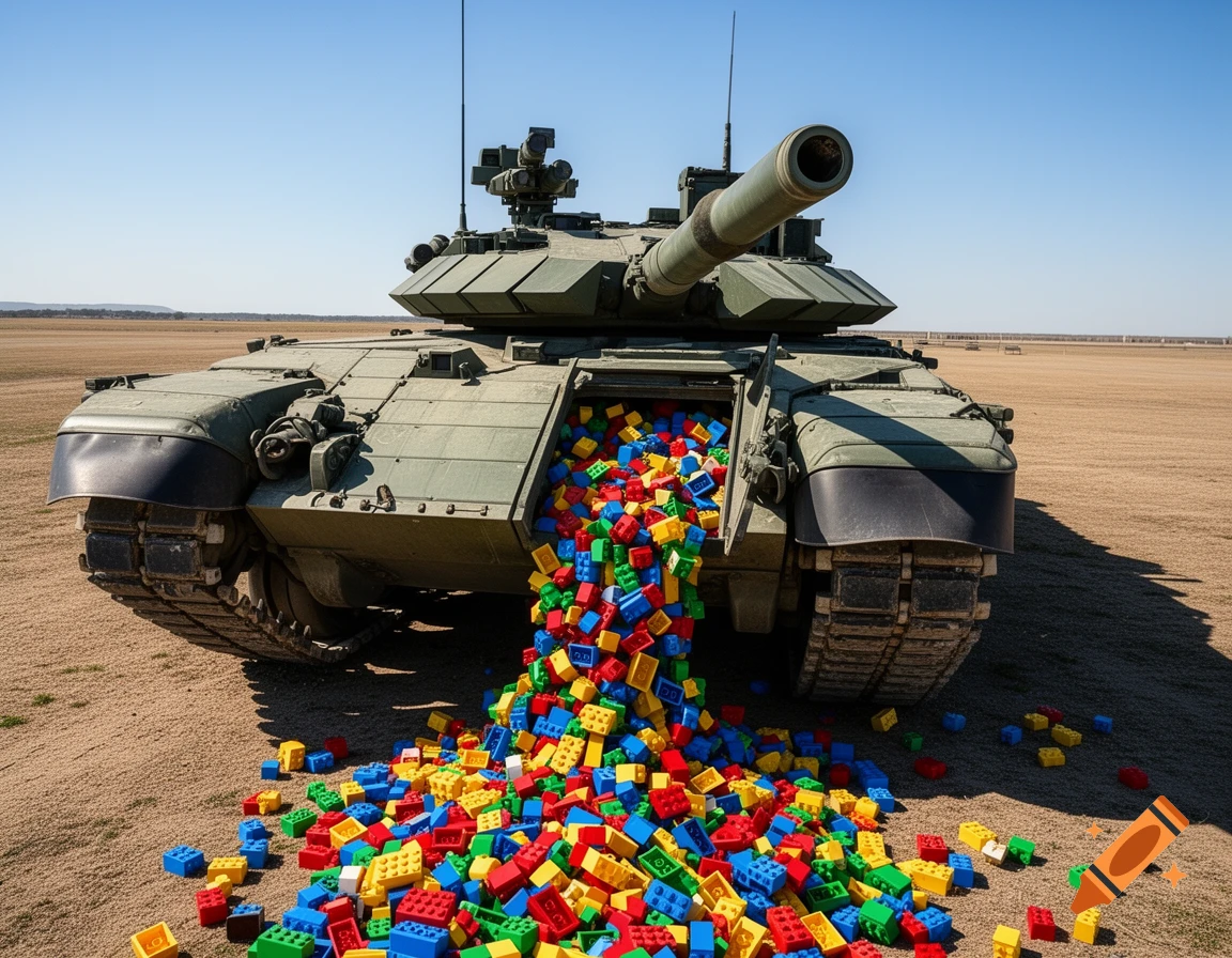 A military tank on a sandy field, with its front hatch open, spilling out a vibrant pile of colorful building blocks.