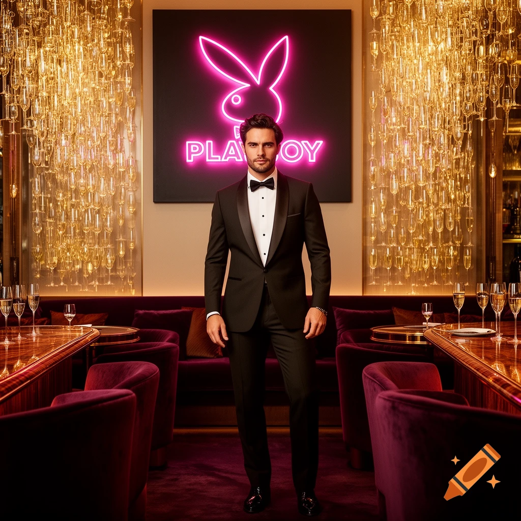 A man in a black tuxedo stands in a luxurious bar with red velvet seating and a neon Playboy logo.