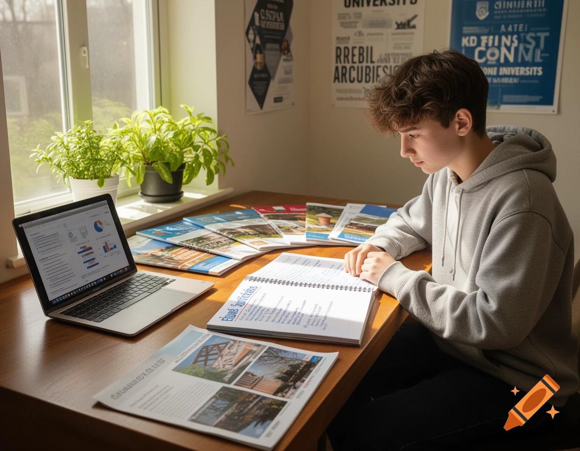 A male student in a gray hoodie sits at a wooden desk, looking at a notebook filled with writing, surrounded by college brochures and a laptop with charts.