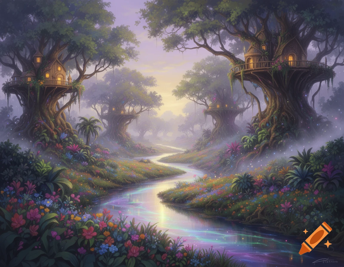 A vibrant fantasy landscape with a winding river, colorful flowers, and ...