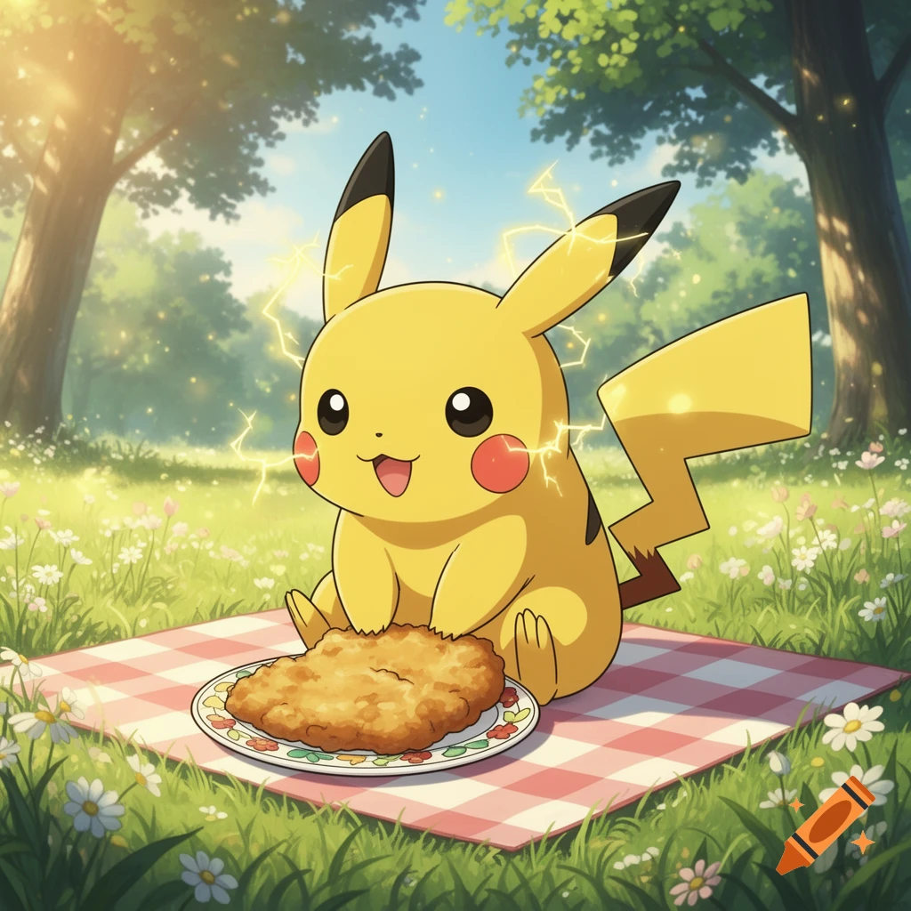 Pikachu sitting on a picnic blanket, happily eating a schnitzel in a sunny field with flowers.