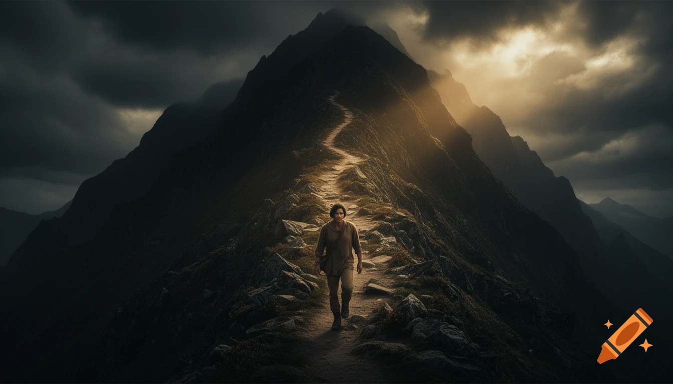 A person walks a winding path up a dark, dramatic mountain under cloudy skies, illuminated by a beam of golden light.