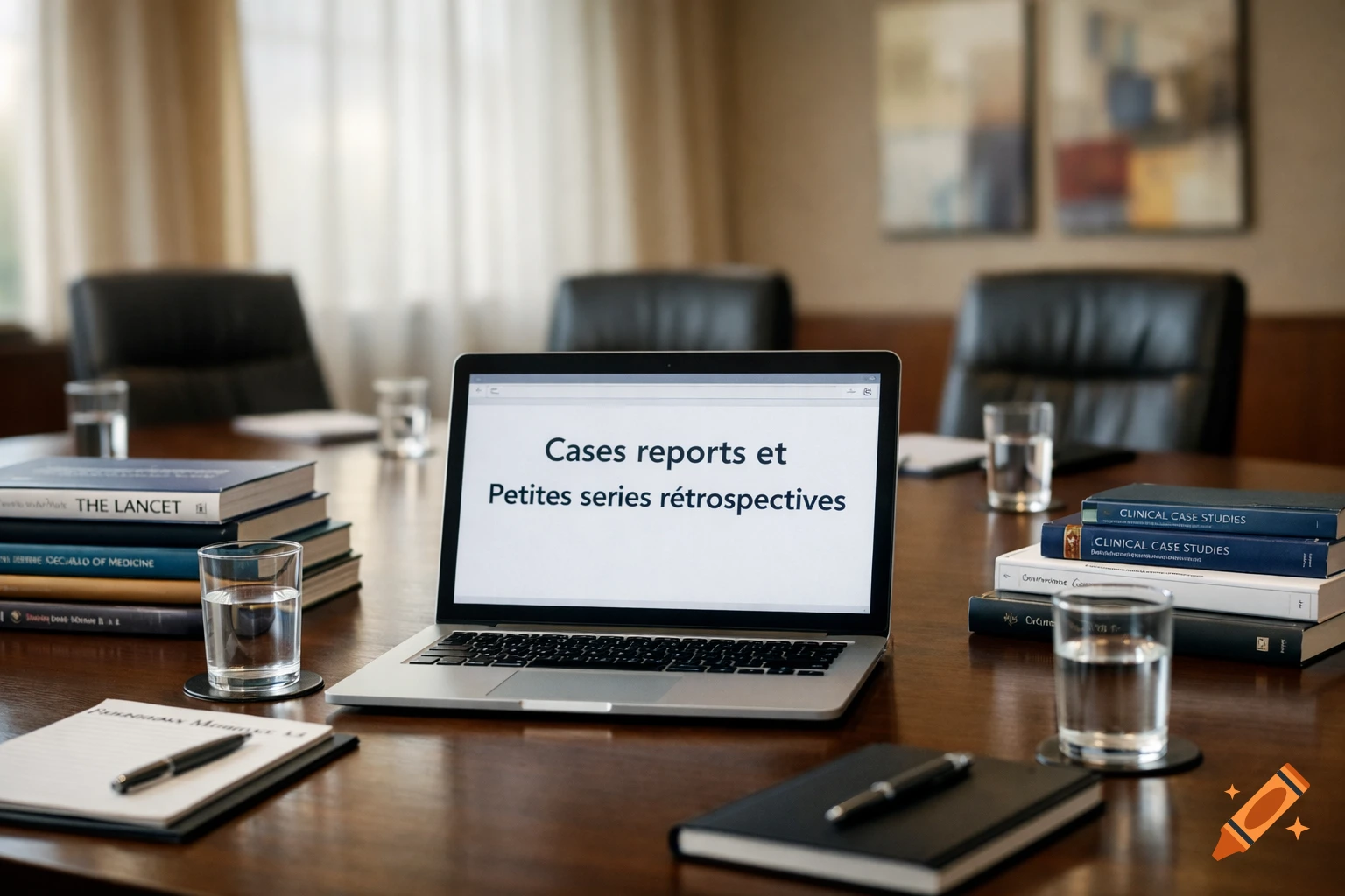 A laptop displaying "Cases reports et Petites series rétrospectives" on a conference table with books, glasses of water, and pens.