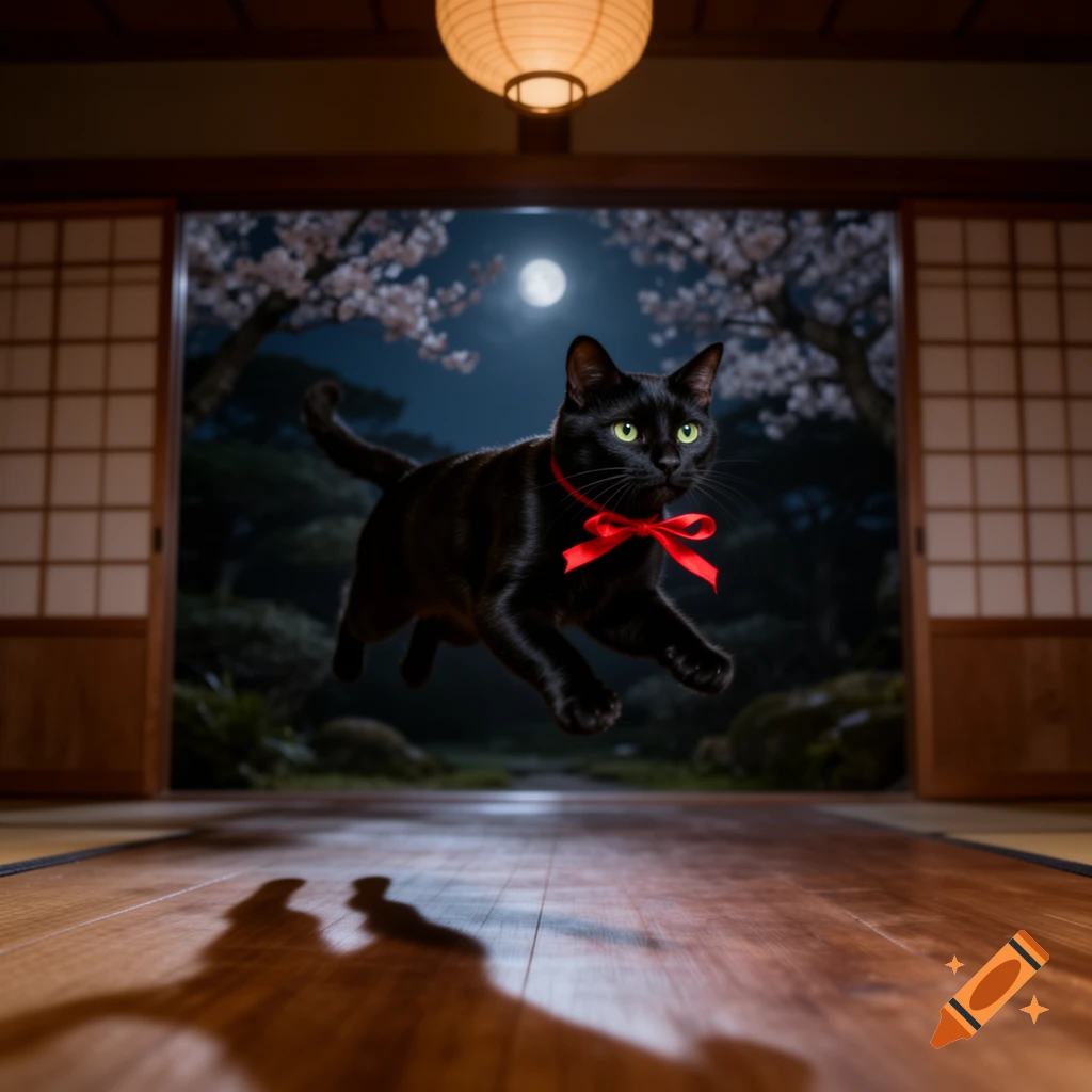 A black cat with a red bow tie leaps through a Japanese-style room into a moonlit garden with cherry blossoms.