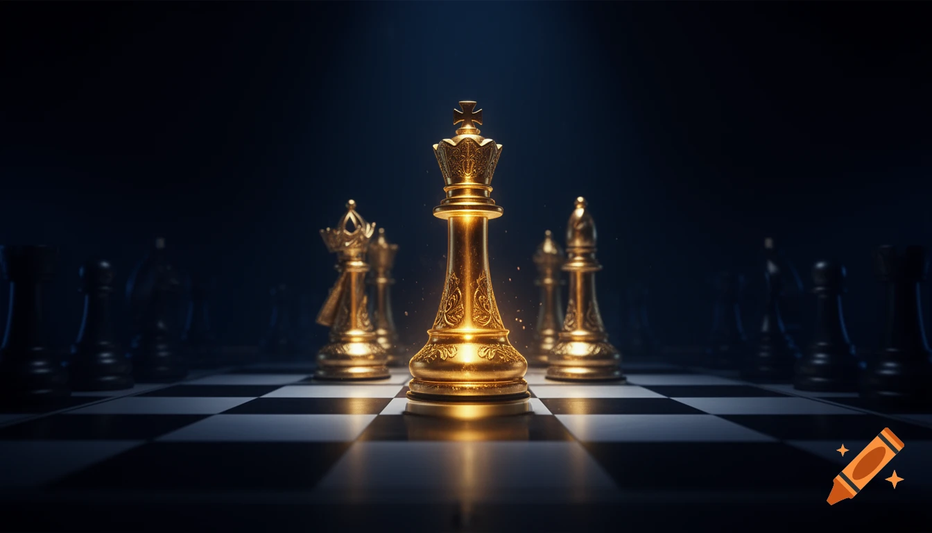 Golden king chess piece glows on a dark chessboard, surrounded by other pieces, cinematic style.