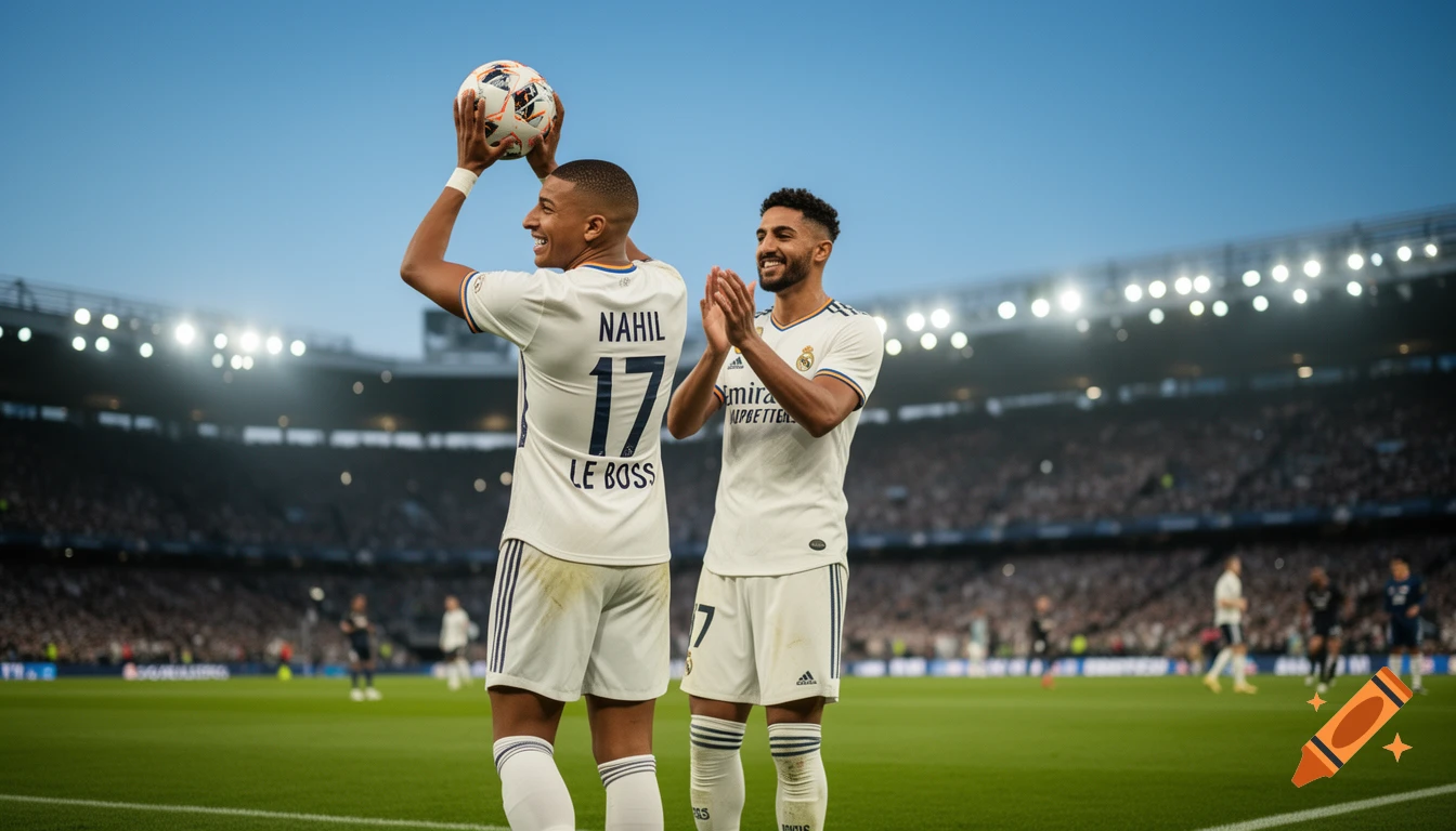 Two smiling soccer players in white Real Madrid jerseys celebrate on a stadium field, one holding a ball and the other applauding.