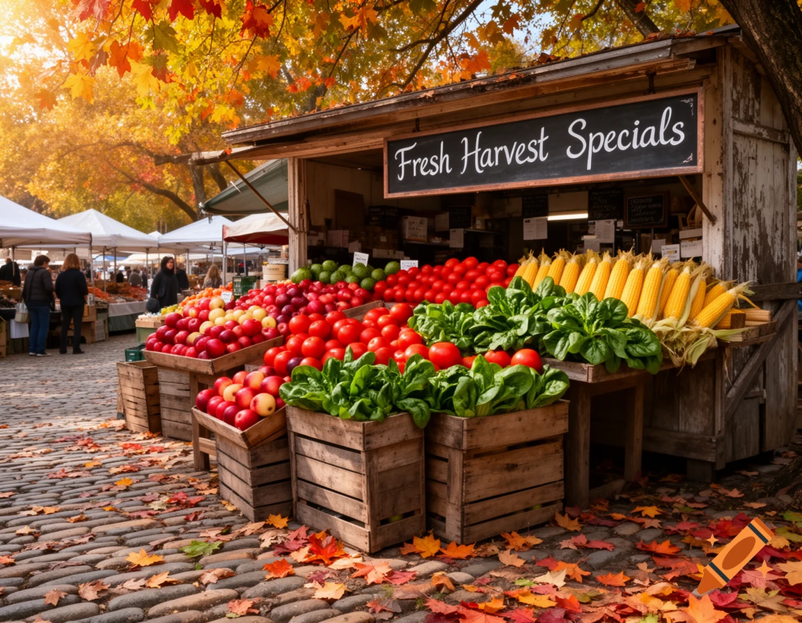 An autumn farmer's market stall filled with fresh produce like apples, tomatoes, and corn, on a cobblestone path with colorful fall leaves.