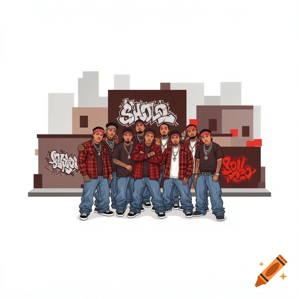 Cartoon illustration of a group of men in bandanas, plaid shirts, and jeans standing in front of graffiti-covered walls and city buildings.