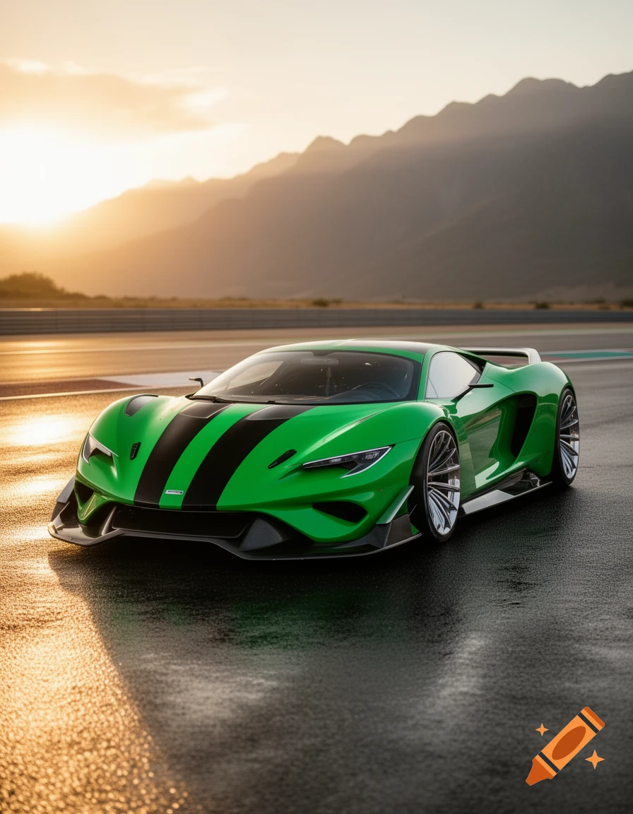 Photorealistic image of a sleek green and black sports car on a wet race track, with mountains and a sunset in the background.