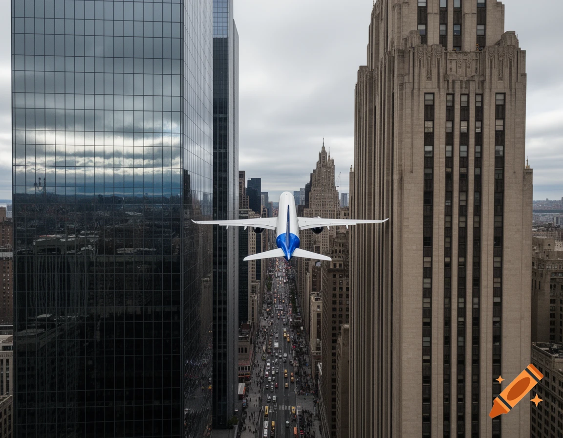 A white and blue airplane flies low between two towering buildings in a dense urban cityscape on a cloudy day, with a busy street below.