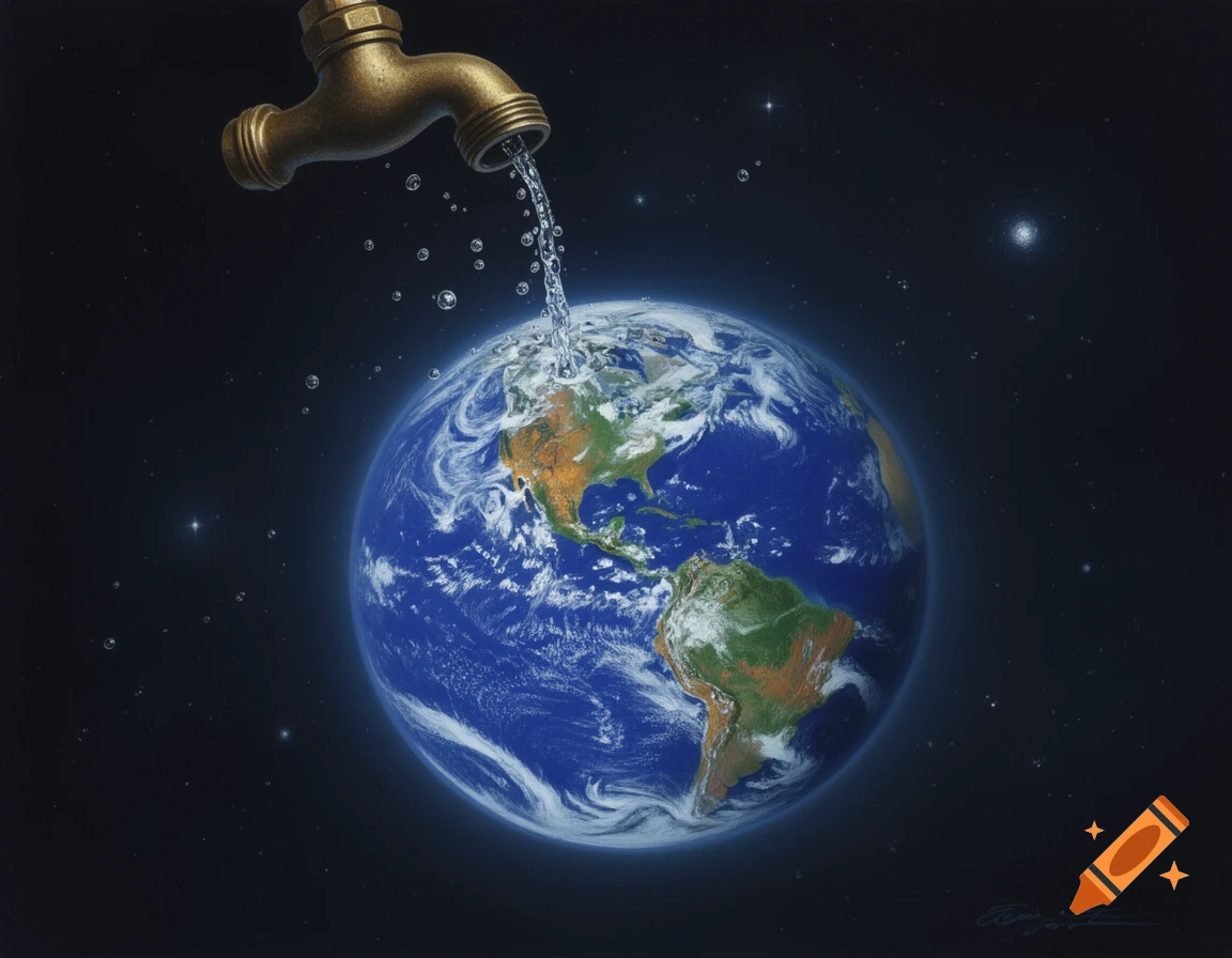 A bronze faucet in space drips water onto a vibrant Earth, with North and South America visible.