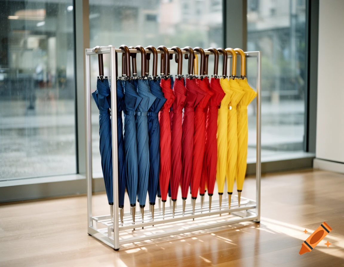 A rack of folded blue, red, and yellow umbrellas stands on a wooden floor by large windows, photorealistic.