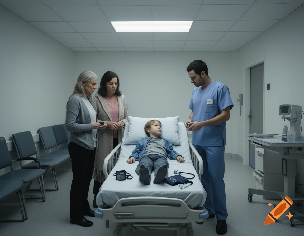 A concerned family and a male nurse stand around a child lying on a gurney in a hospital room, in a photorealistic style.