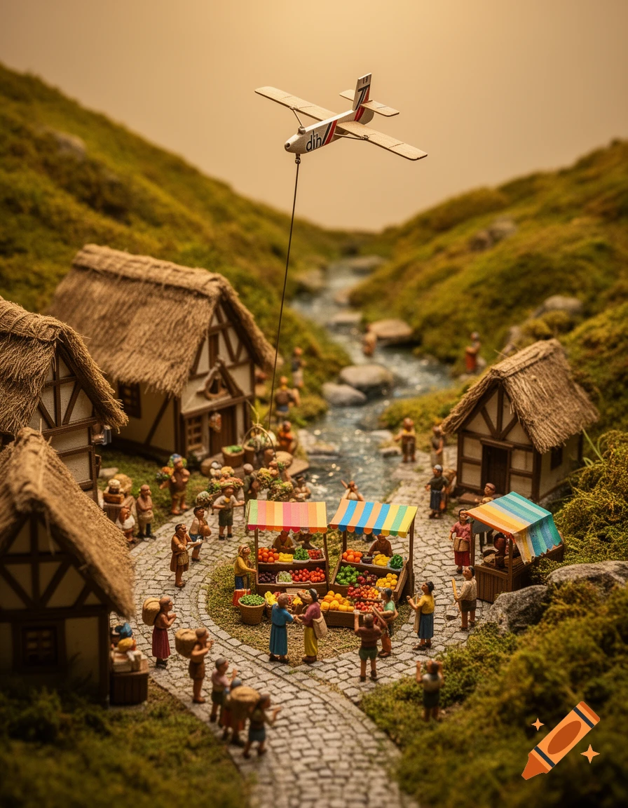 Miniature diorama of a bustling village market with thatched houses, a stream, and a small airplane pulling a string.