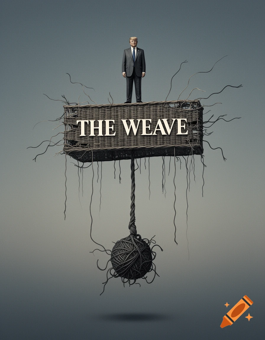 Surreal illustration of Donald Trump on a deteriorating woven platform labeled 'THE WEAVE', with a tangled yarn ball below, against a gray sky.