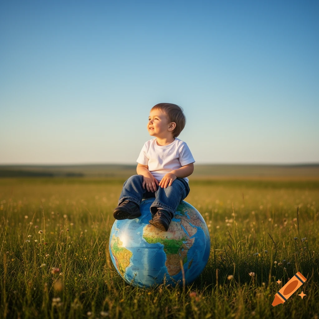 A young child sits on a large globe in a grassy field under a clear blue sky, looking up.
