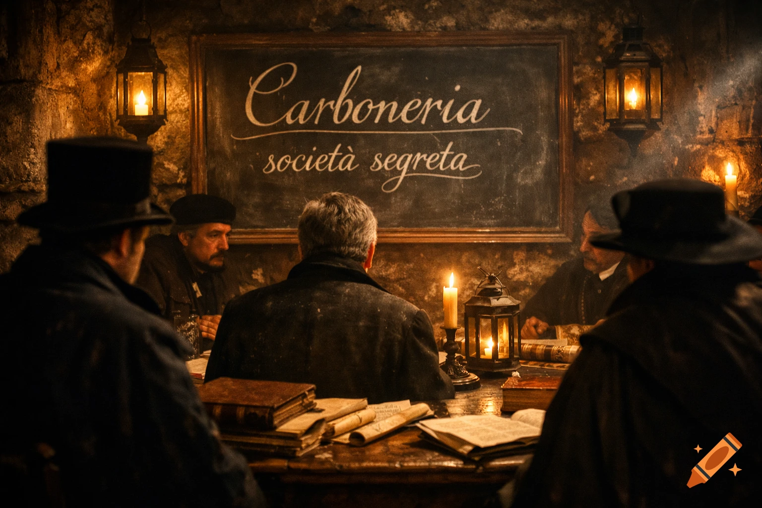 A dimly lit scene of men in historical attire seated around a table with books and candles, beneath a chalkboard reading "Carboneria società segreta".