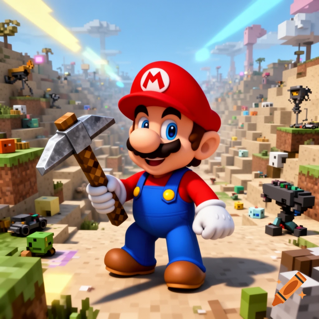 Vibrant 3D Super Mario holding an iron pickaxe in a blocky Minecraft-style sandbox world.